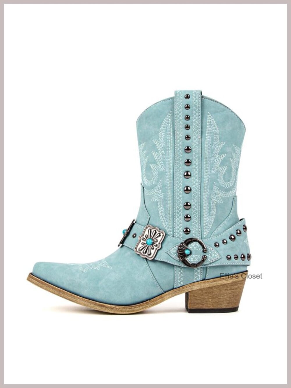 Western Ankle Boots Pointed Toe Embroidered Block Heel Pull-On